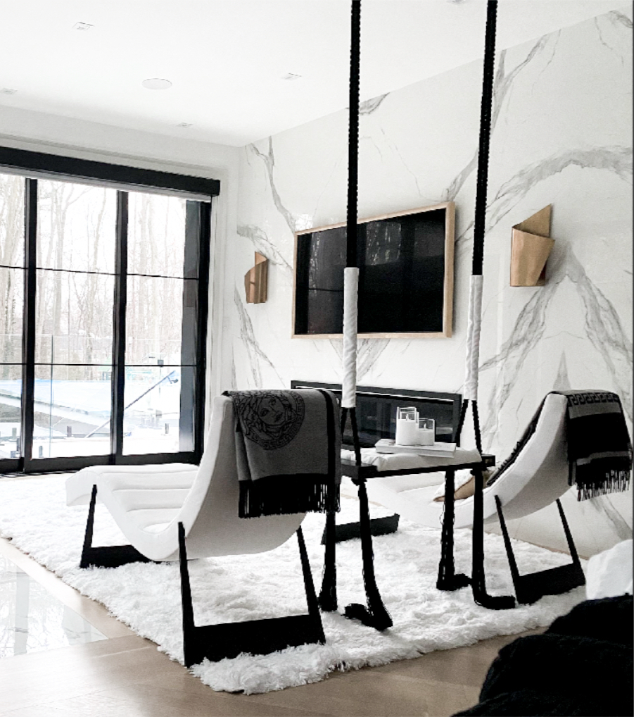 Black and white wooden swing. Interior design, luxury furniture