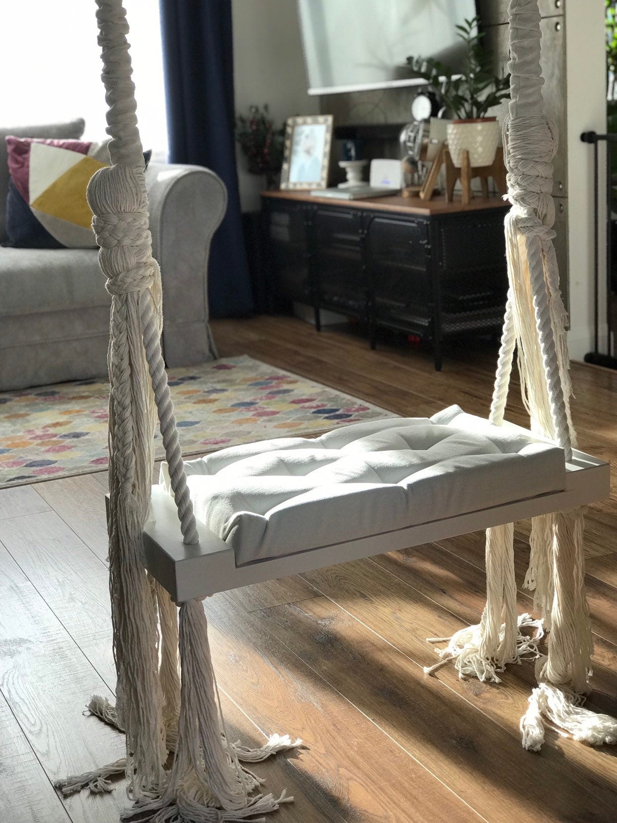 white macrame swing seat