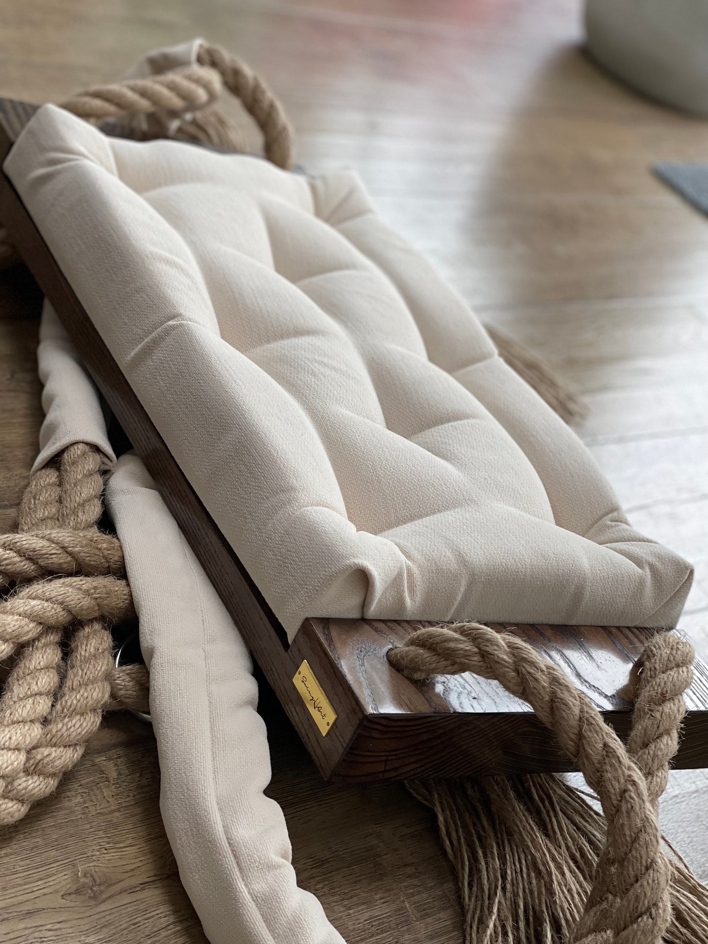 Elegant Large Wooden Walnut Swing, Adults Kids Indoor Outdoor Swing with Cream Pillow. Solid Wooden Furniture, Unique Design. Perfect Gift