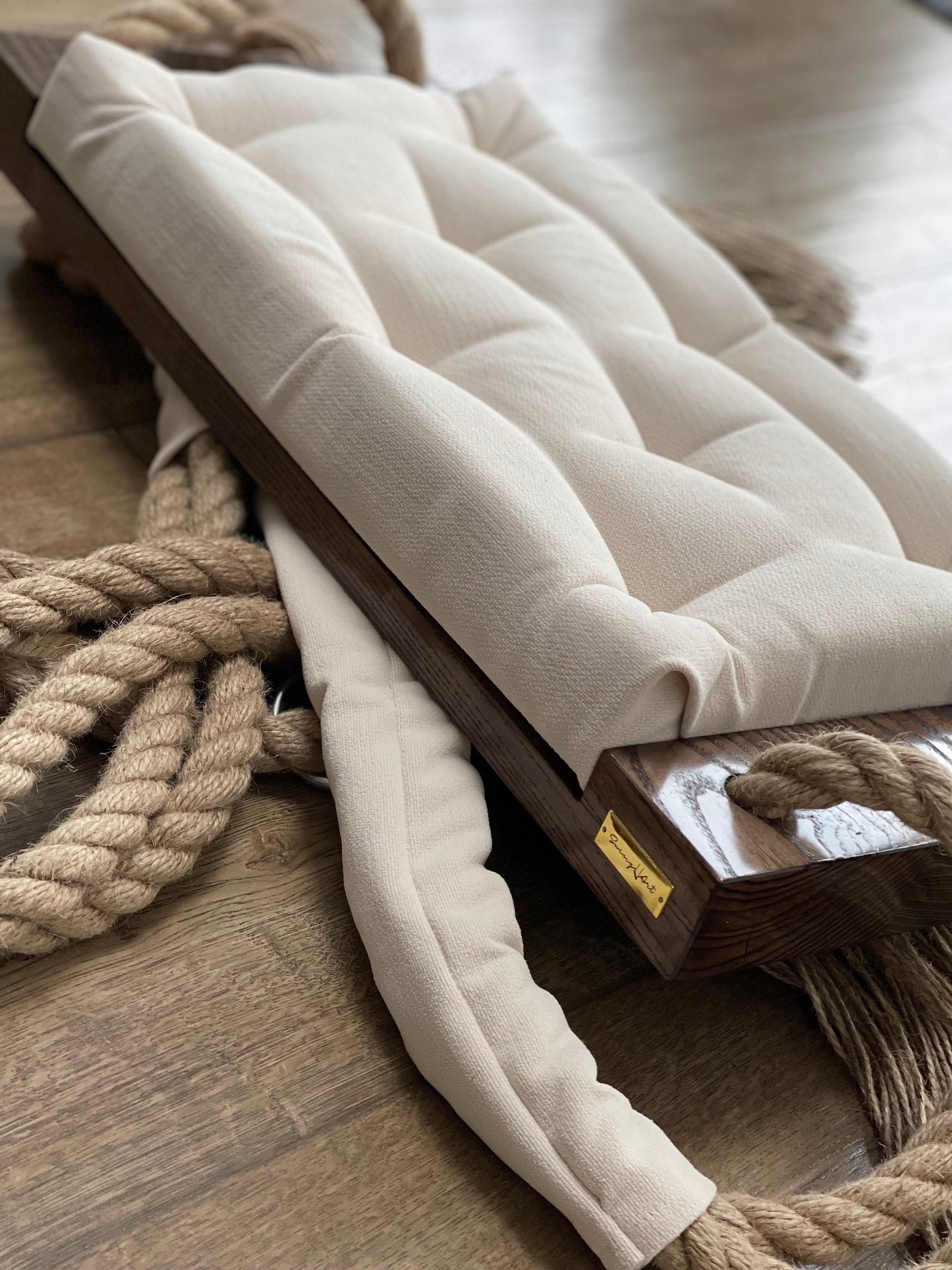 Elegant Large Wooden Walnut Swing, Adults Kids Indoor Outdoor Swing with Cream Pillow. Solid Wooden Furniture, Unique Design. Perfect Gift