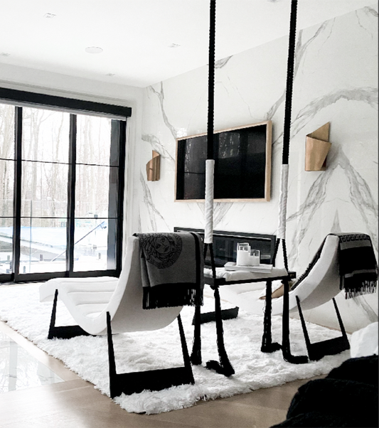 Black and white wooden swing. Interior design, luxury furniture 