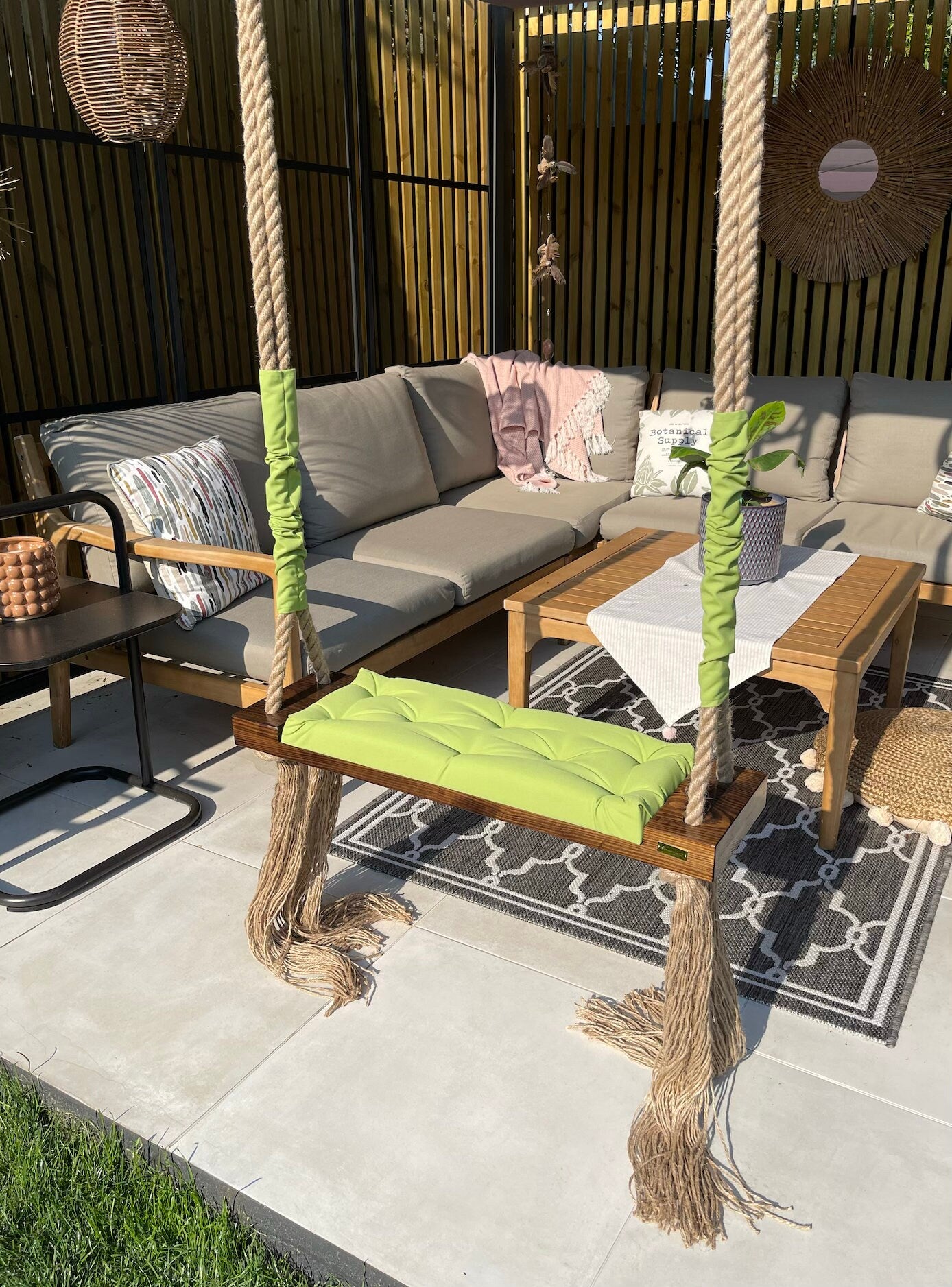 Garden, Patio wooden swing with avocado green cushion